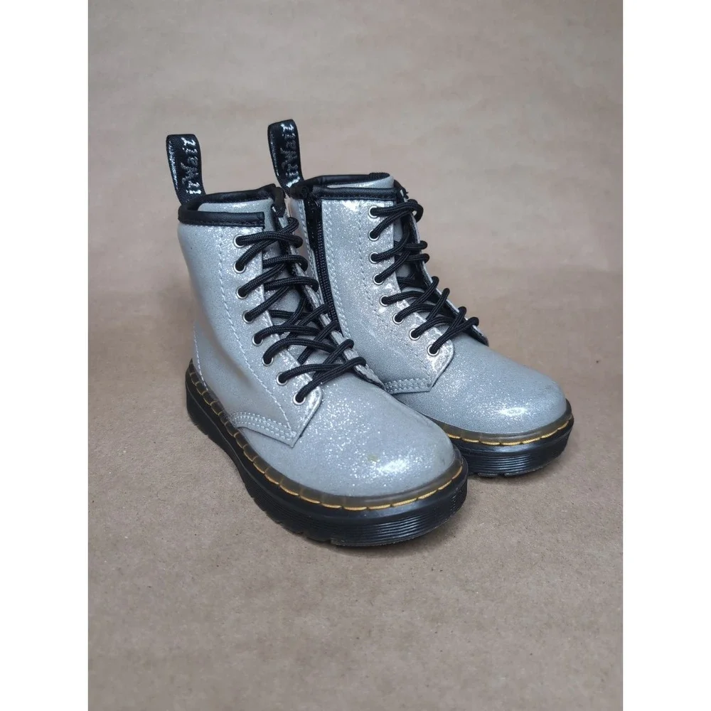Dr. Doc Martens Toddler 9 UK 8 Glitter Lace-Up Boots 1460 Silver Zipper Sparkly